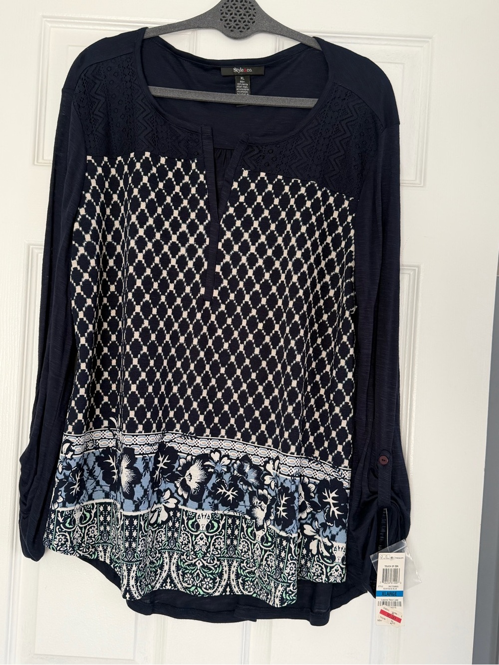 Style & Co XL Mixed Media Navy Floral Border Print Roll Tab Blouse Top NWT